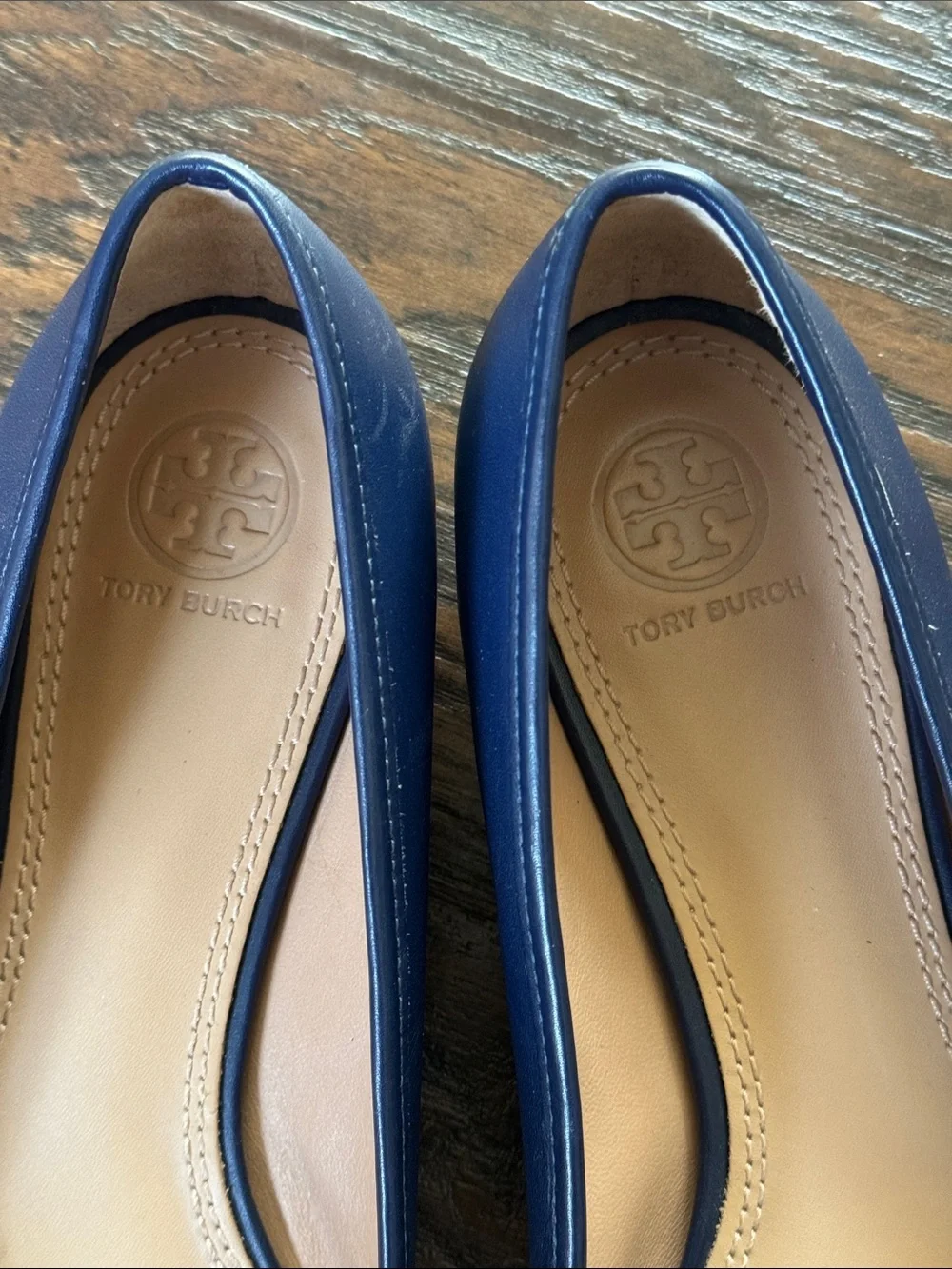 Tory Burch Navy Leather Ballet Flats with Turquoise Logo